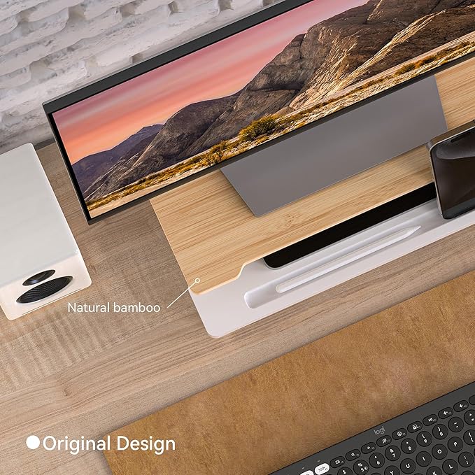 Monitor Stand Monitor Stand Riser for Desk,Wood Desk Shelf Storage Organizer with Phone Tablet Holder (16.5 Inch, White & Natural Bamboo)