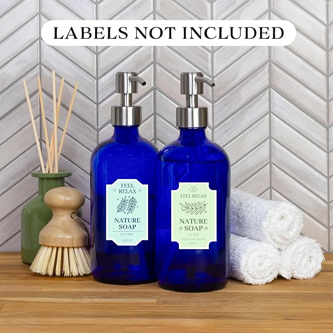 Cornucopia Brands 16-Ounce Cobalt Blue Glass Bottles w/Stainless Steel Pumps (2-Pack), Soap Dispenser w/Lotion Pumps for Essential Oils, Lotions, Liquid Soap