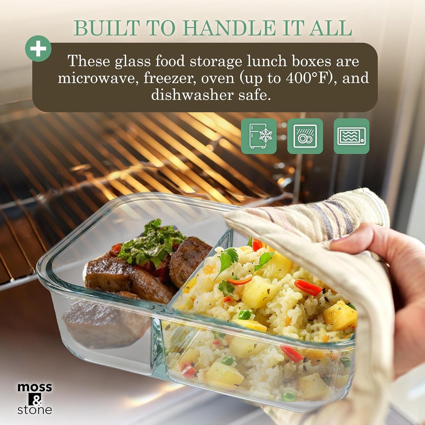 Moss & Stone 4-Pack Divided Kitchen Glass Food Storage Containers Set with Lids – Reusable 2-Compartment Glass Meal Prep Containers for Kitchen, Lunch or Fridge, Airtight Snap-Lock – 2 Sizes Included