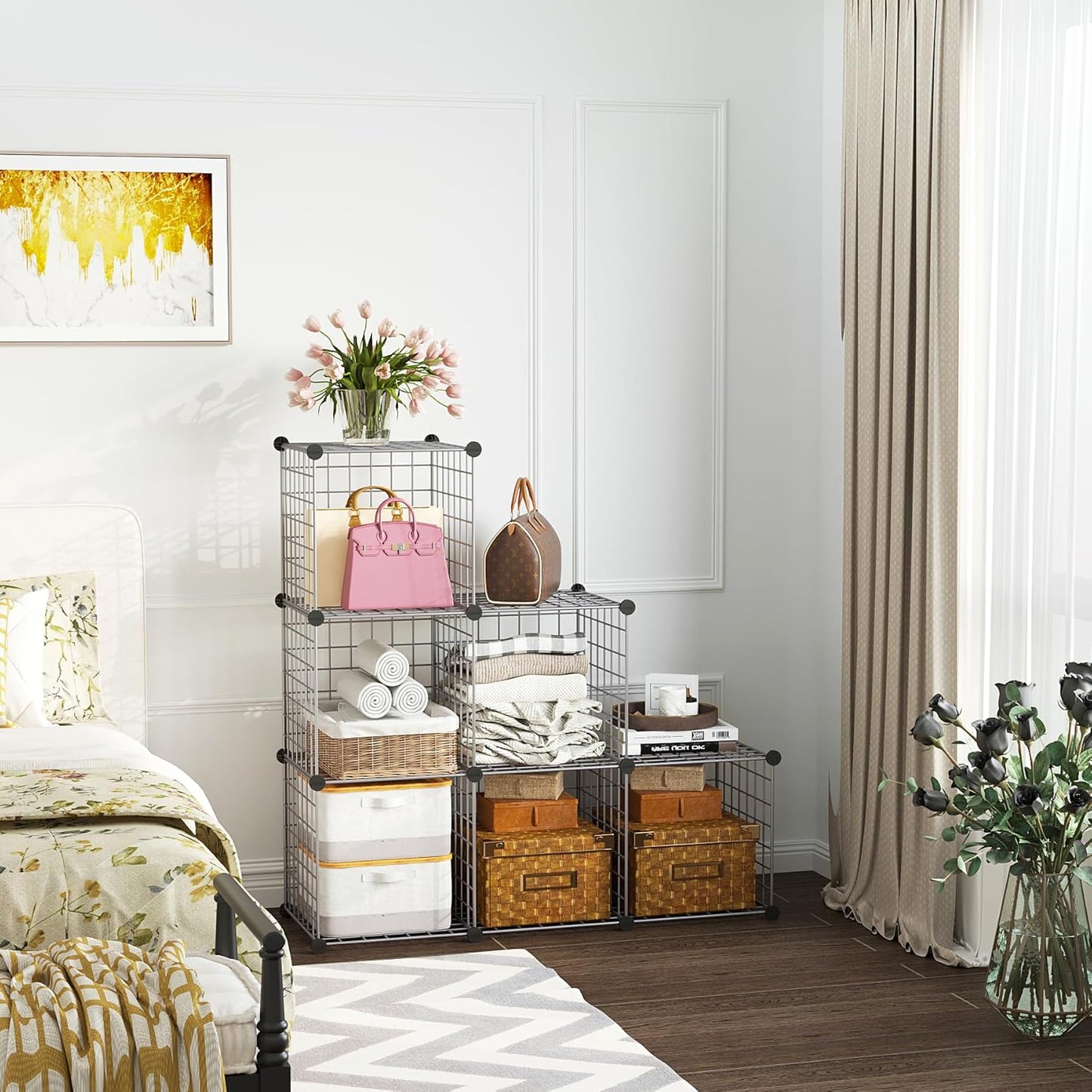 C&AHOME Wire Cube Storage, 6 - Cube Organizer Metal C Grids, Modular Shelves Units, Closet Organizer, Ideal for Home, Office, Living Room, 36.6”L x 12.4”W 36.6”H, Silver Gray UWCS3006G