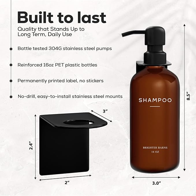 Amber Shampoo and Conditioner Dispenser Set Wall Mounted by Brighter Barns - Plastic Shower Dispenser Set - 3 Chamber Drill Free Shampoo Bottles - Modern Bathroom Decor for Guest Bathroom, Spa (Amber)