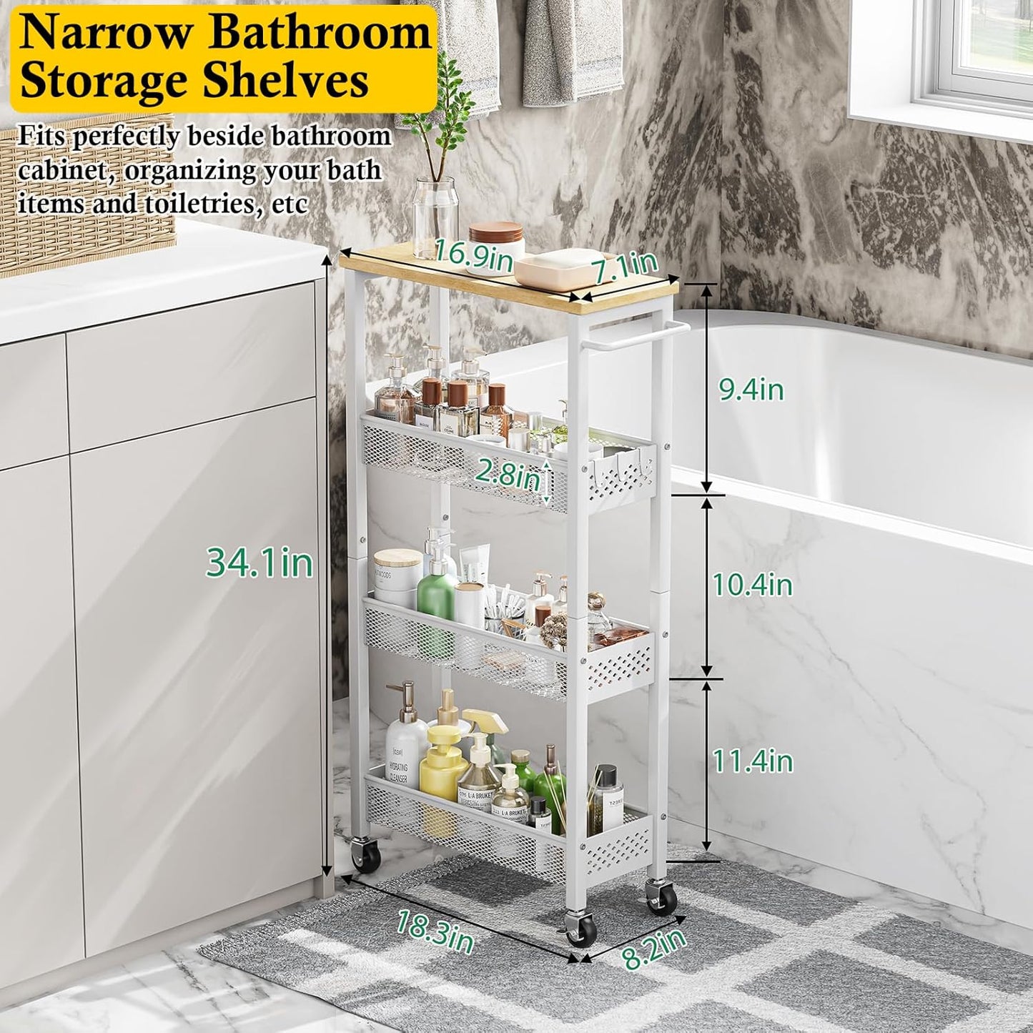 Utility Slim Storage Cart, 4 Tier Small Rolling Kitchen Laundry Room Cart with Wood Top, Metal Narrow Bathroom Storage Cabinet Mobile Shelf Unit Organizer Trolley with Handle for Narrow Space