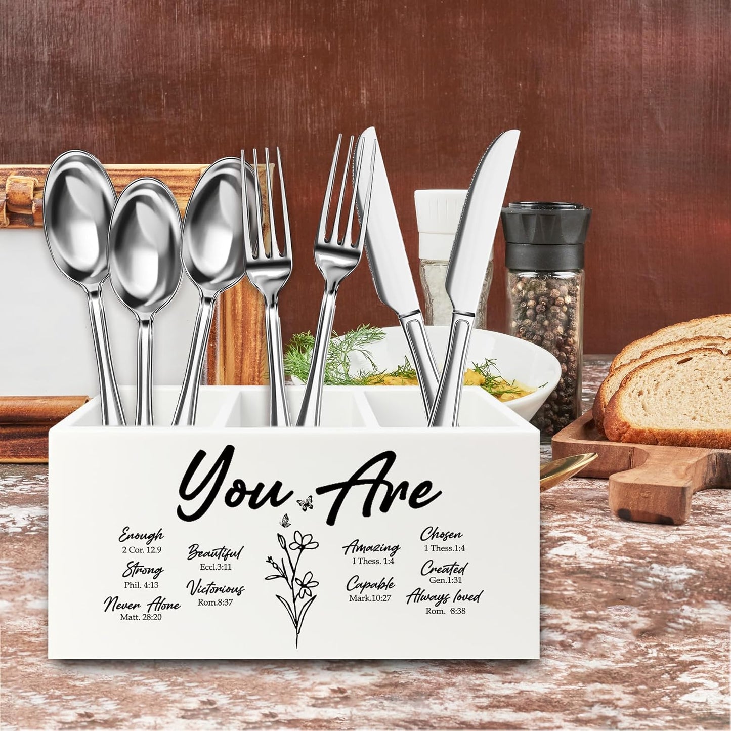 You Are Christian Pen Pencil Holder Organizer for Desk, Christian Gifts for Women, Floral Inspirational Bible Verse Wooden Box Signs Decorations for Home Office Desk Tabletop