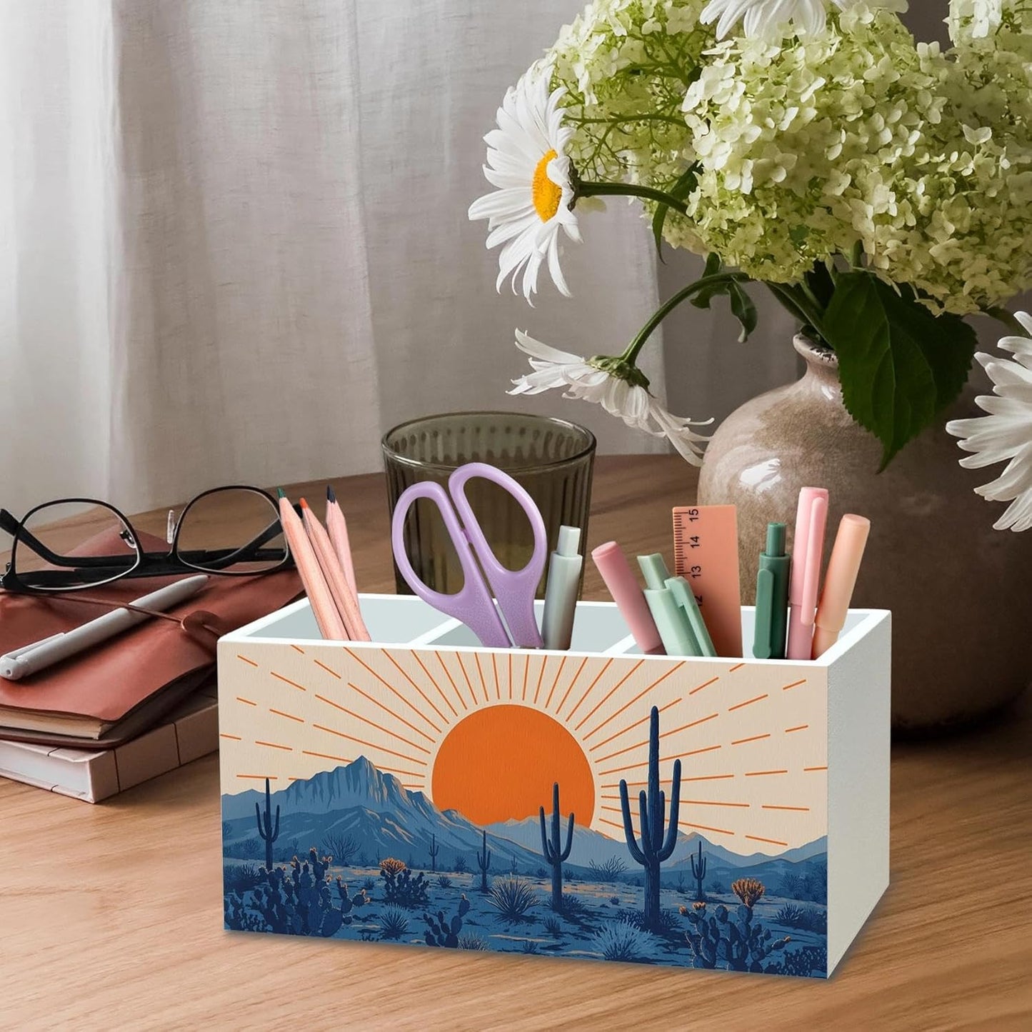 DILSJ Western Boho Pen Pencil Holder Organizer for Desk, Boho Office Decor, Abstract Sunshine Western Desert Cactus Landscape Wooden Box Signs for Home Office Desk Tabletop Decoration