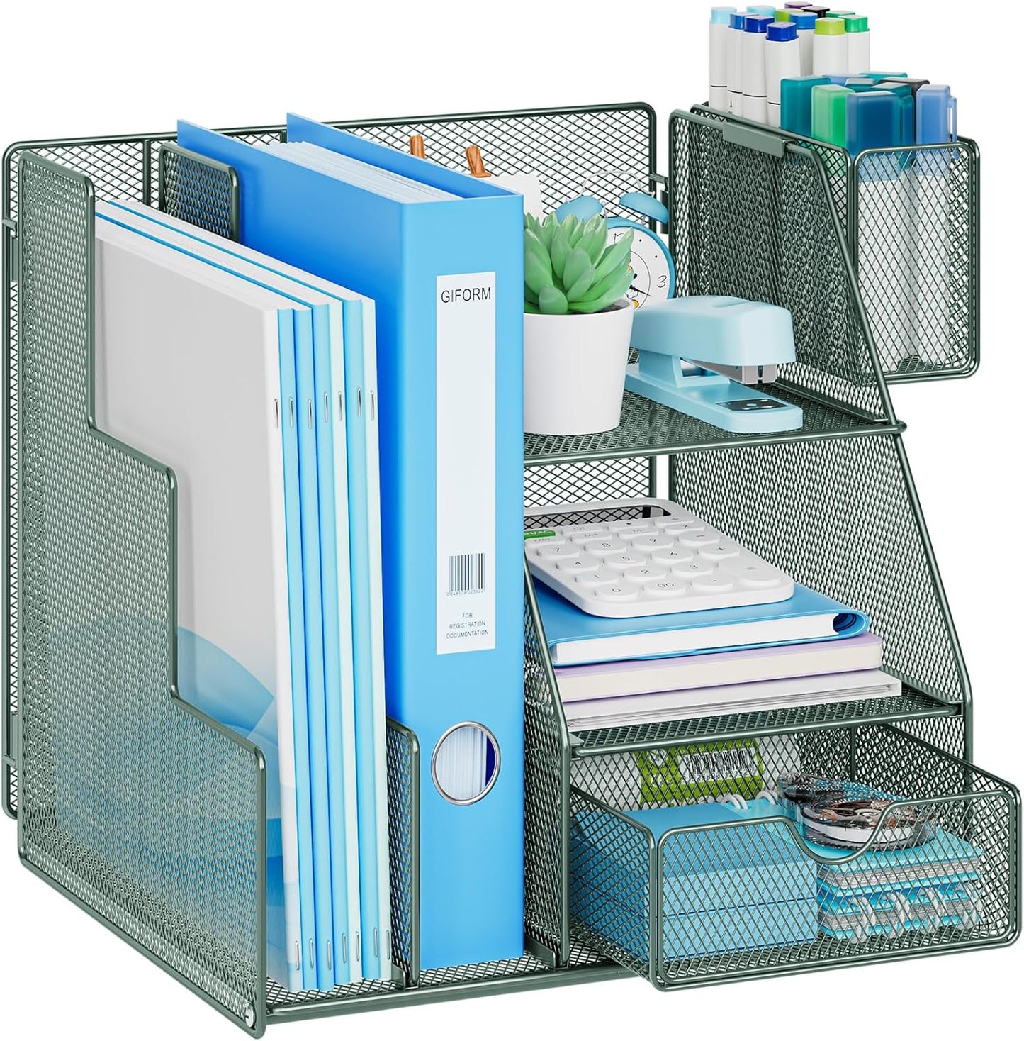 Marbrasse Desk Organizer and Accessories, 3-Tier File Organizer with Drawer and Pen Holder, Small Desktop Organizer and Storage for Workspace Office Supplies Green