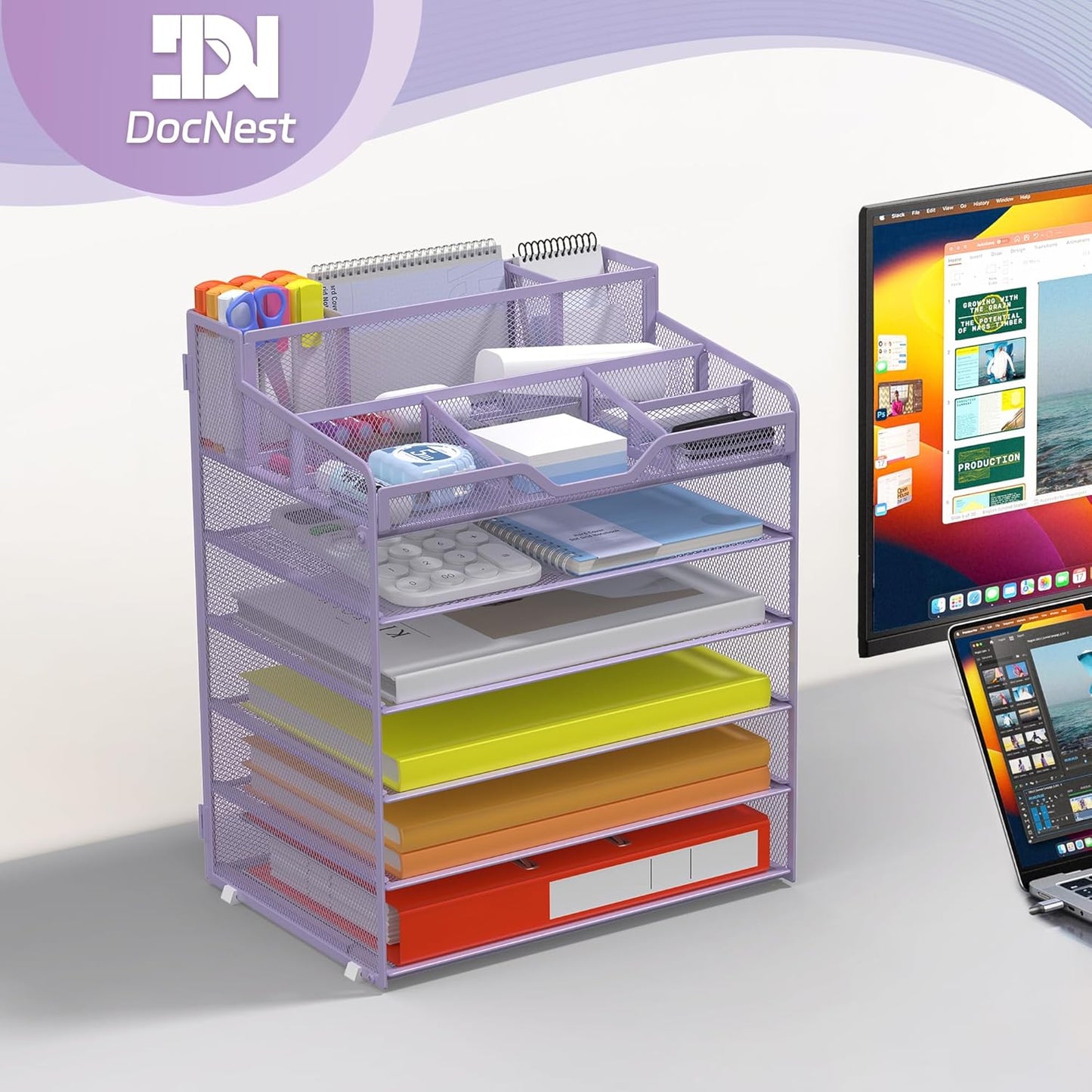 Docnest 6 Tier Mesh Desk Organizer for Paper Office Supplies – Multi-Functional Letter Tray with 5 Adjustable Compartments, 3 Pen Holders, Desktop Storage for Files, Mail, Stationery – Purple