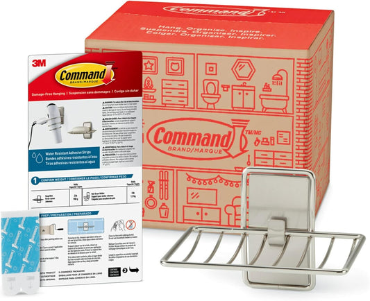 Command Soap Dish for Shower, Damage Free Hanging Bathroom, No Tools Bar Soap Holder, 1 Satin Nickel Soap Dish and 2 Water-Resistant Command Strips