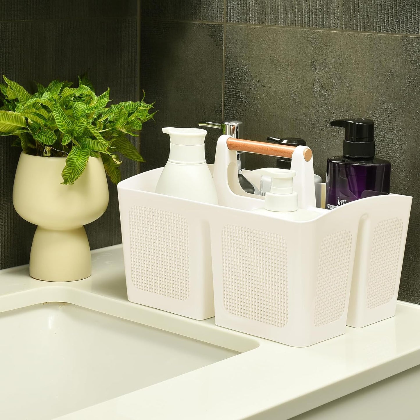 ALINK Portable Shower Caddy Basket with Compartments, Plastic Divided Cleaning Caddy Organizer Storage Tote with Handle for Bathroom, College, Dorm Room Essentials - Beige