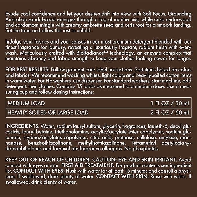 The Laundress Soft Focus Luxury Laundry Detergent, Long-lasting White Santal Fragrance up to 7 Days of Scent, BioRadiance Enzyme Technology, Keep Clothes Vibrant for Longer, USDA Biobased, 15 Loads