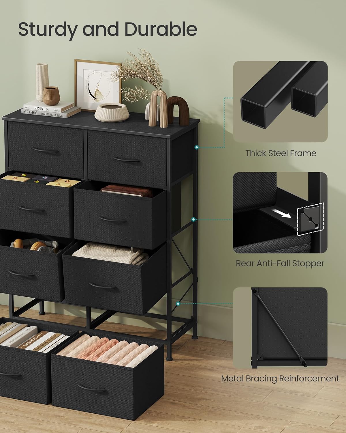 SONGMICS Dresser for Bedroom, Chest of Drawers, Steel, MDF, 8 Non-Woven Fabric Drawers, Storage Organizer Unit, Closet, Entryway, Ink Black and Ebony Black LGS124B01S