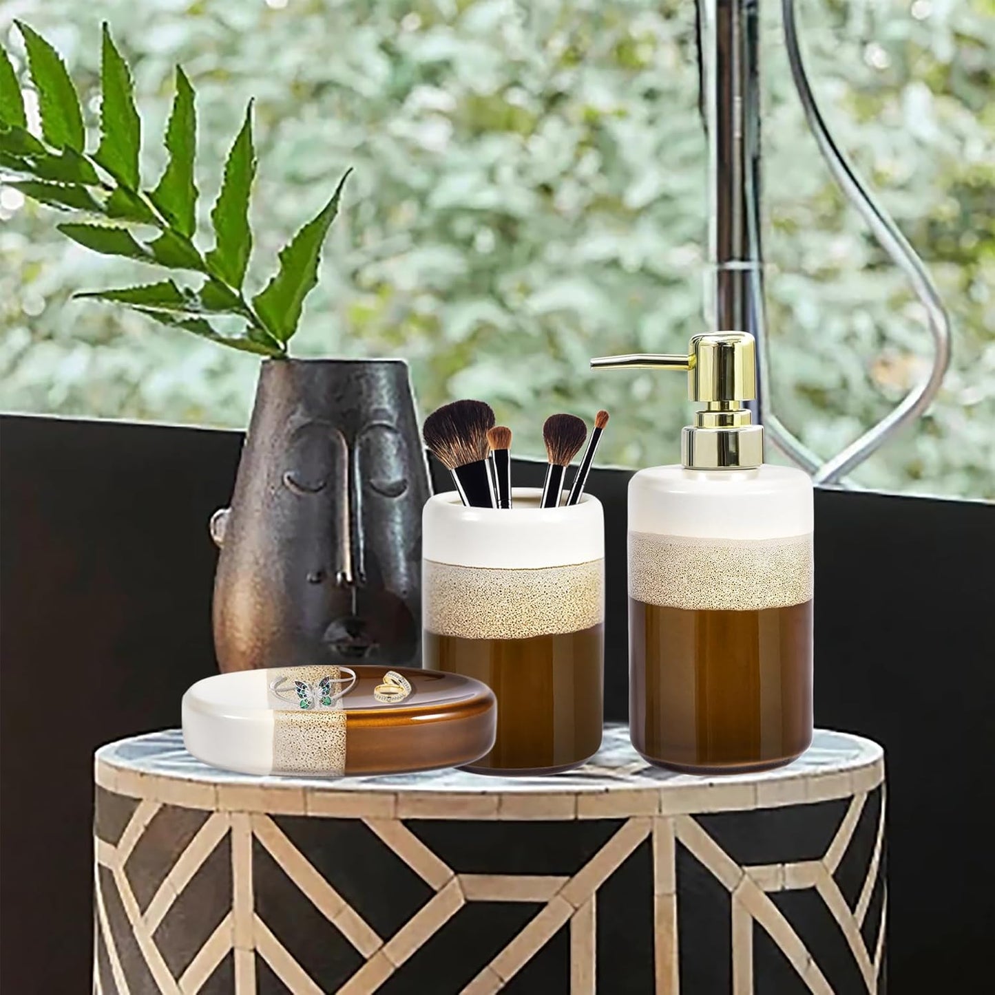 Bathroom Accessories Set of 3, Natural Reactive Glaze Ceramic Bathroom Sets Complete-Toothbrush Holders, Soap Dispenser, Soap Dish, Luxury Bathroom Decor, Bathroom Countertop Organizer, Brown Gold