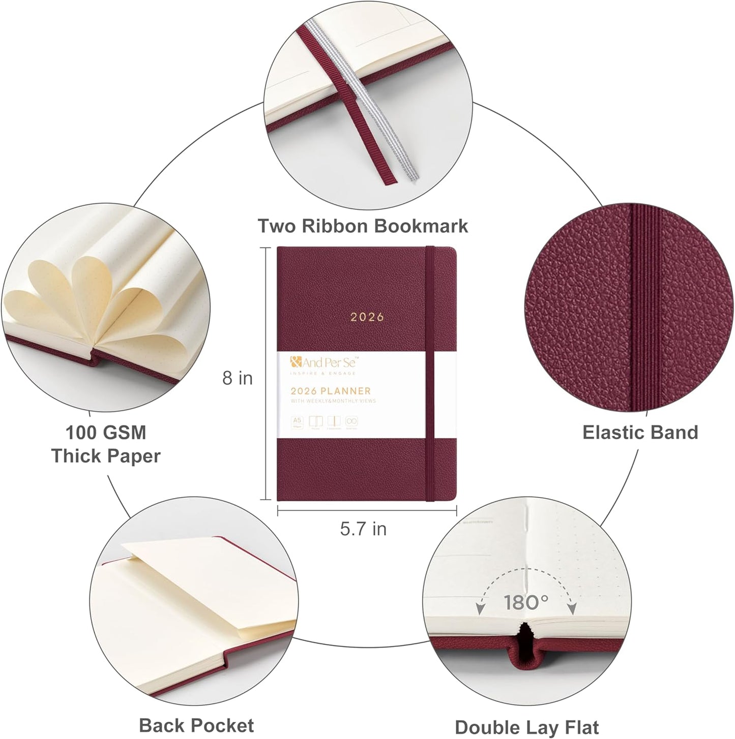 And Per Se 2026 Planner-Daily, Weekly & Monthly Leather Hardcover Planner, 5.7" x 8", Daily Schedule, Monthly Tabs, 100 GSM Thick Paper, Back Pocket(Dark Red)
