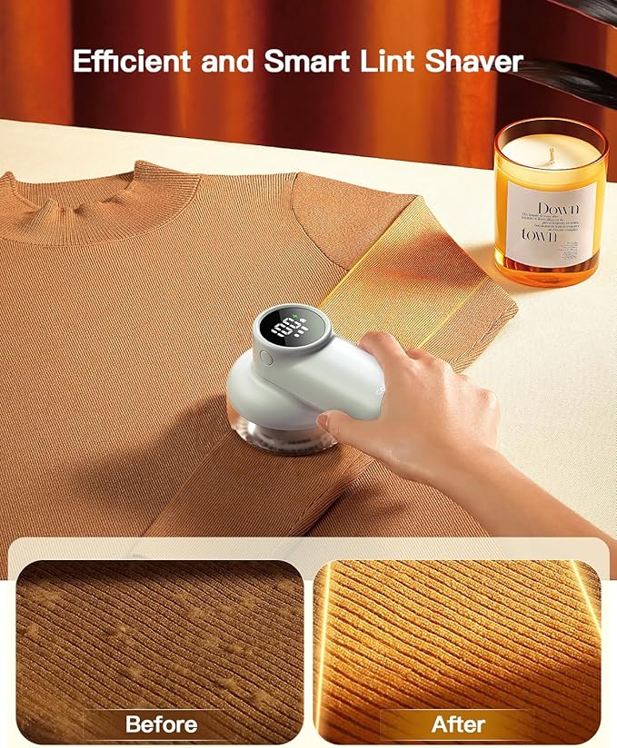 coldSky Rechargeable Fabric Shaver, Lint Shaver with Digital Display, Sweater Shaver with 6-Leaf Blades and Safety Lock, 3-Speeds Defuzzer Remove Fuzz, Pills from Clothes, Furniture, Sofa, Light Grey