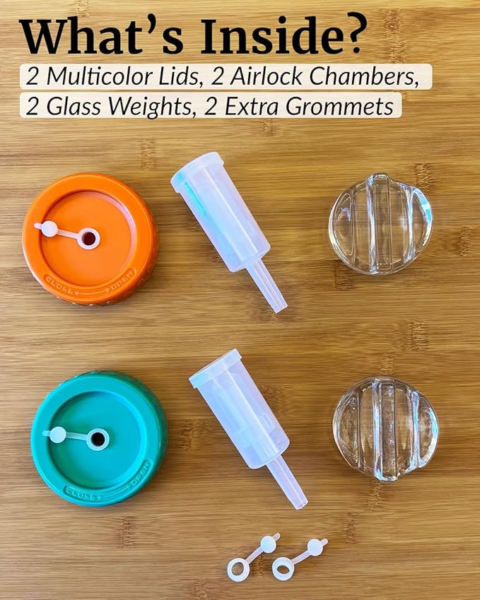 Elementi Fermenting Kit - Set of 2 Glass Fermenting Weights and Wide Mouth Mason Jar Fermentation Lids - Sauerkraut and Pickling Kit - Turn Any Mason into a Fermentation Crock