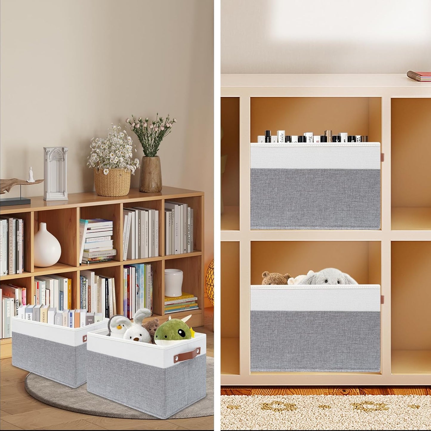 SNWDN 6 Pack Fabric Storage Baskets for Organizing Collapsible Fabric Storage Bins with Handles for Home and Office Organizing (White/Grey 15''Lx10.2''Wx9''H)