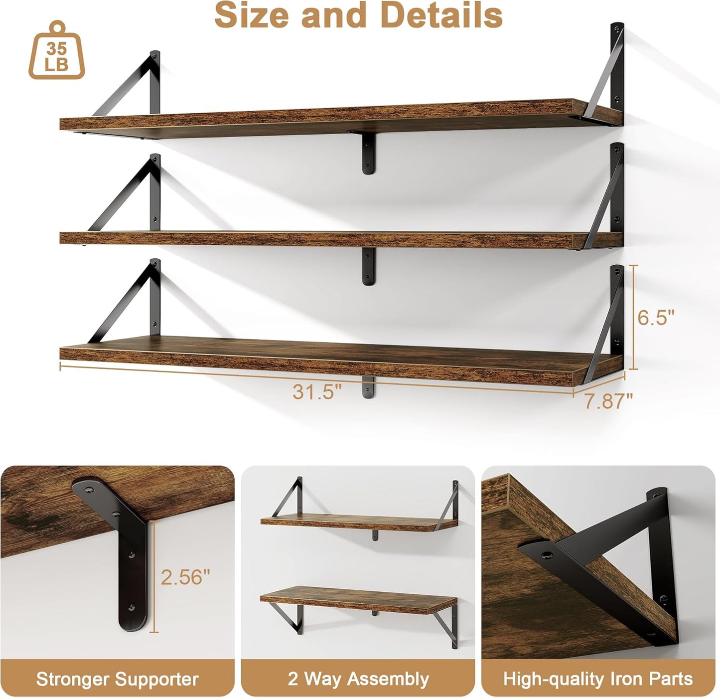 Fun Memories Floating Shelves, 32 x 8 Inches, Set of 3 Wall-Mounted Bookshelves with Metal Brackets, Decorative Storage for Home and Office (Rustic Brown)