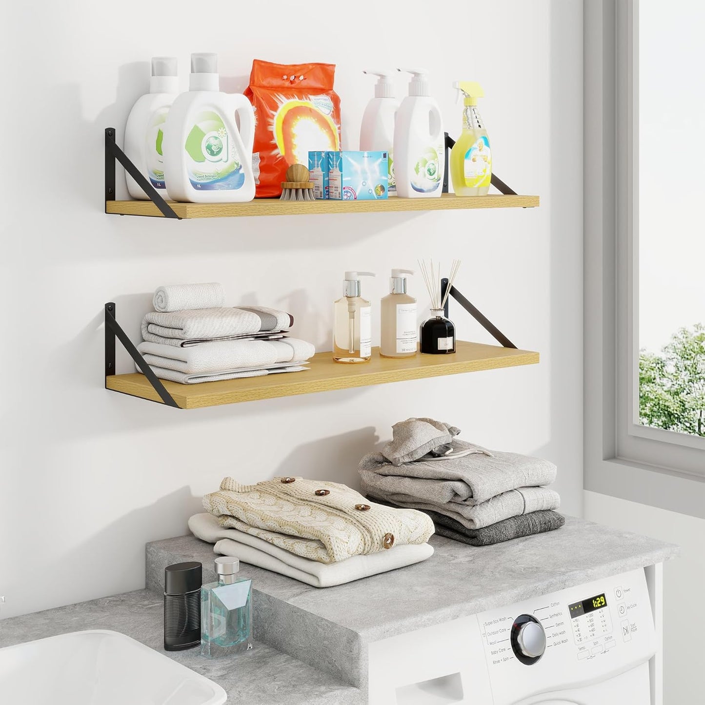 Axeman Deep Floating Shelves for Wall - 30 Inch Wide x 10 Inch Deep Floating Shelves Set of 2 -Oak Wide Wall Shelves for Living Room Bathroom Bedroom