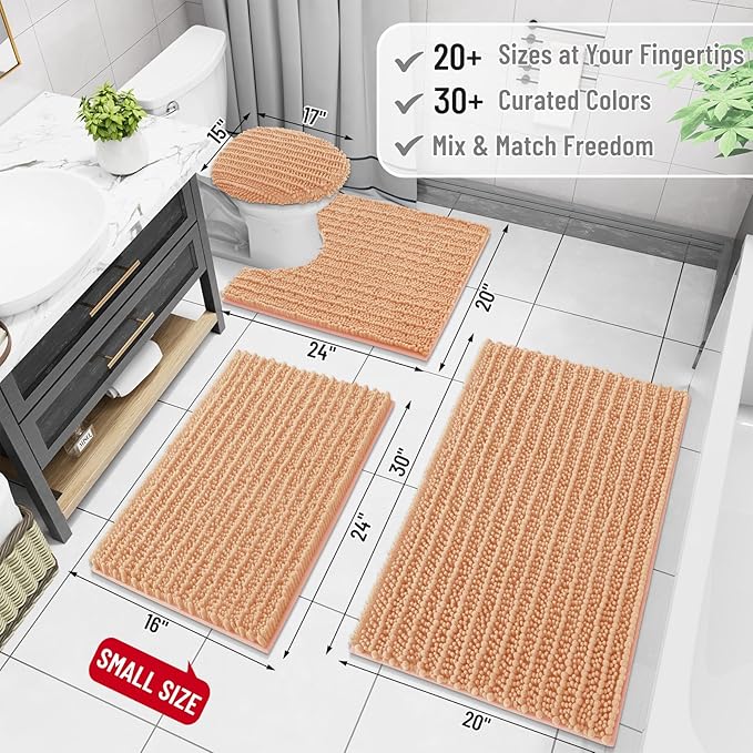 Arotive Luxury Chenille Bathroom Rug Mat, Extra Soft Thick Absorbent Shaggy Bath Rugs, Non-Slip Machine Wash Dry, Plush Bath Mats for Bathroom, Shower and Tub, 47x24, Peach