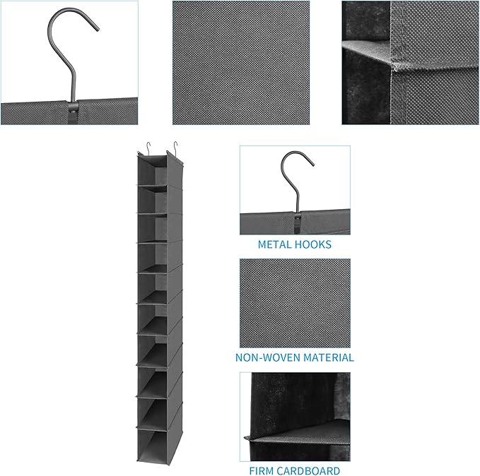 MAX Houser 10-Shelf Hanging Shoe Shelf Organizer, Hanging Shoe Storage for Closet (Grey)