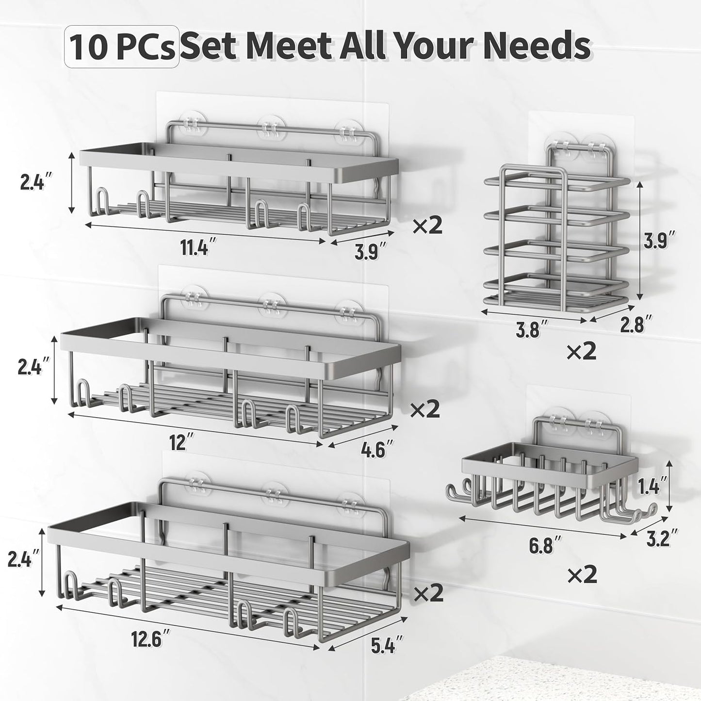 10 Pack Shower Caddy Organizer Rack Shelf for Inside Shower, Self Adhesive Wall Storage Basket Rustproof Stainless Steel Shampoo Holder Bathroom Accessory Decor Set, Grey