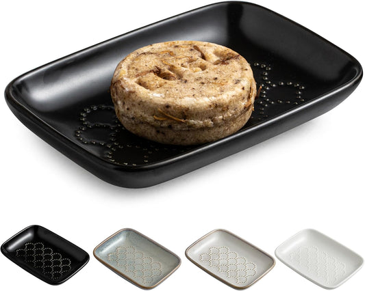 Gomakren Soap Dish for Shower, Ceramic Soap Dishes for Bar Soap Sponge, Christmas Shower Soap Holder Saver Tray for Bathroom Kitchen Sink, Easy to Clean, Black