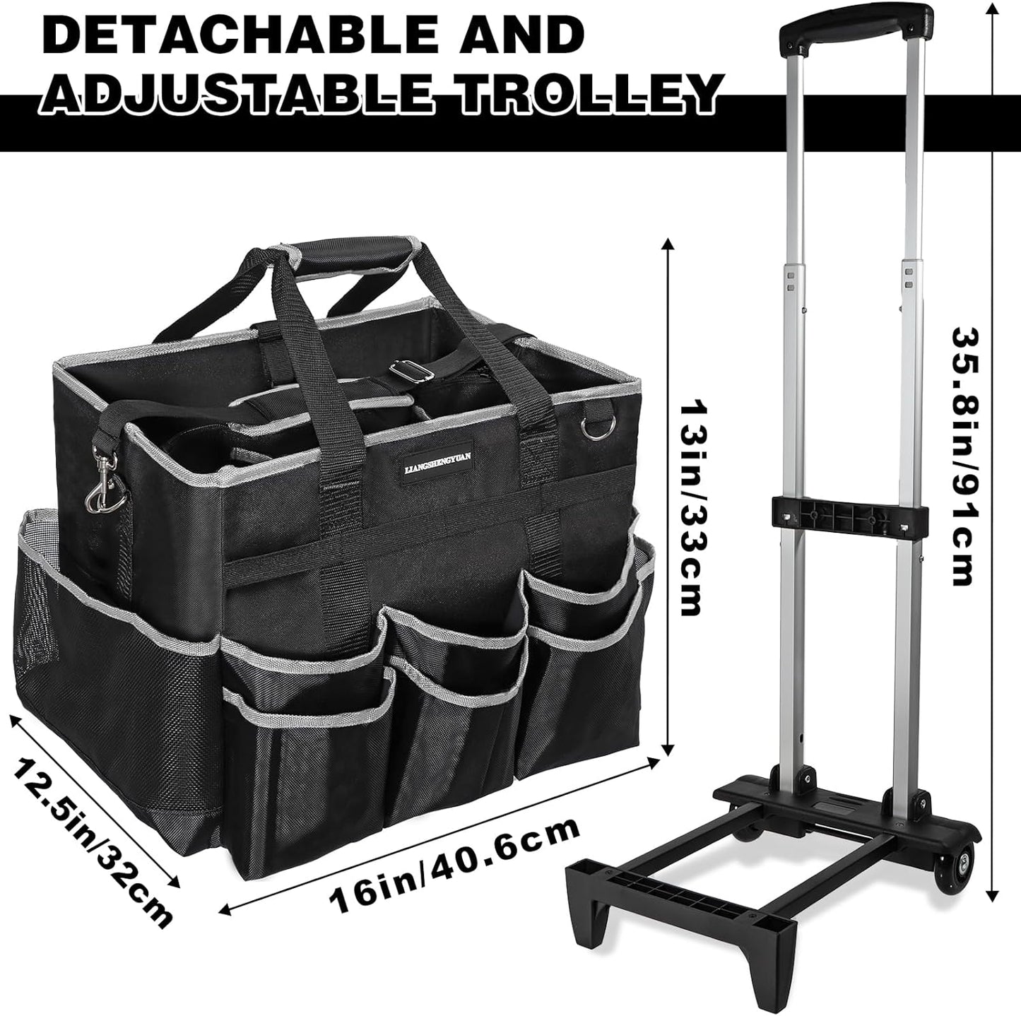 Large Rolling Cleaning Caddy Bag, Cleaning Caddy with Wheels with Detachable Trolley for Housekeepers, Water Resistant Cleaner Supplies Organizer with Wheels for Kitchen, Car, Picnic (Black-Grey)