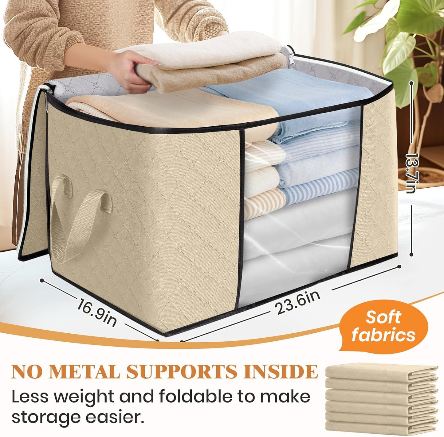 Fab totes 24 Gallons Clothes Storage, Foldable Thick Fabric Blanket Storage Bags, Containers for Organizing Bedroom, Closet, Clothing, Comforter, Organization with Handle (10 Pack,Beige)