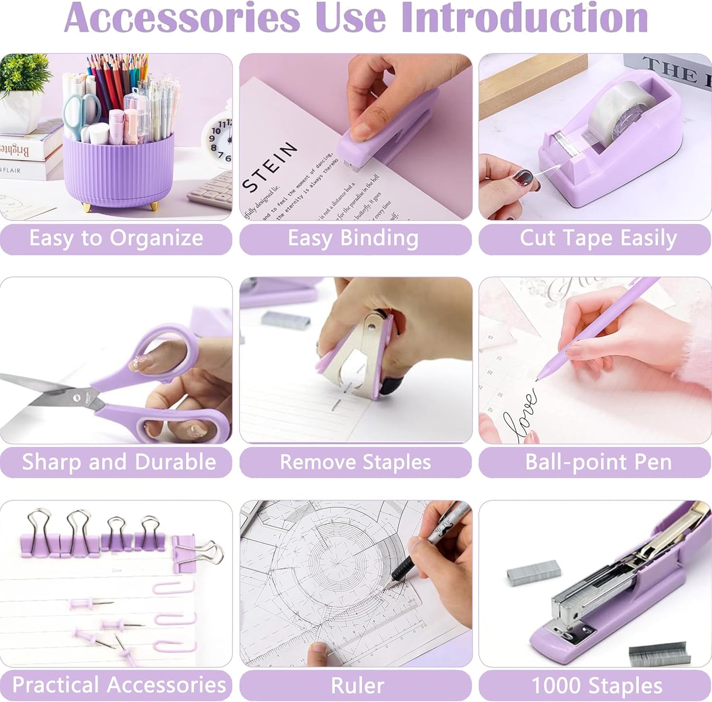 Purple Desk Accessories, Purple Office Supplies 360°Pen Holder Desk Organizers And Accessories with Tape Dispenser, Stapler, Staple Remover, 1000 Staples, Tape, Clips Set, Ruler, Scissor, Pen