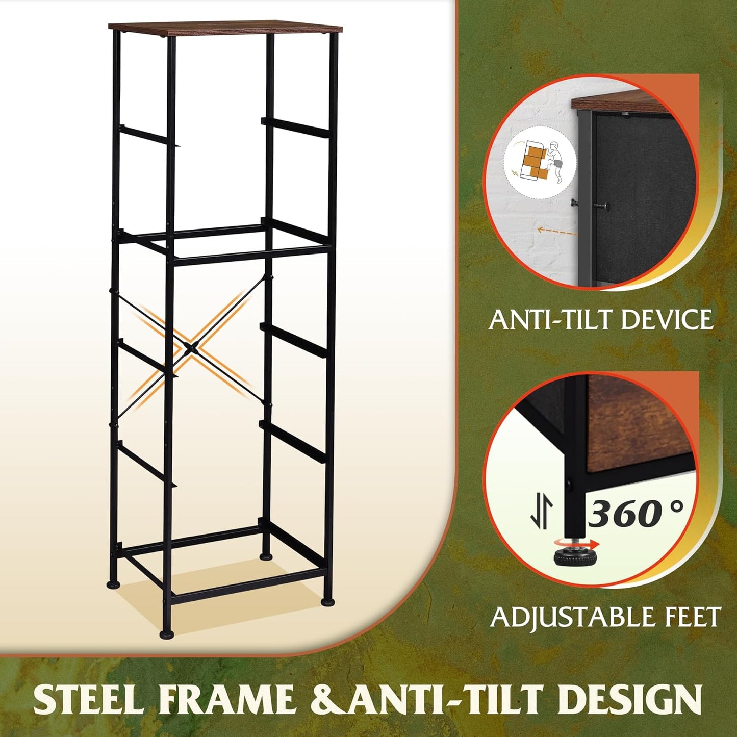 WLIVE Fabric Dresser, 5-Drawer Tall Dresser for Bedroom, Storage Organizer with Fabric Bins, Wood Top, Sturdy Steel Frame, Chest of Drawers for Closet, Hallway, Rustic Brown Wood Grain Print