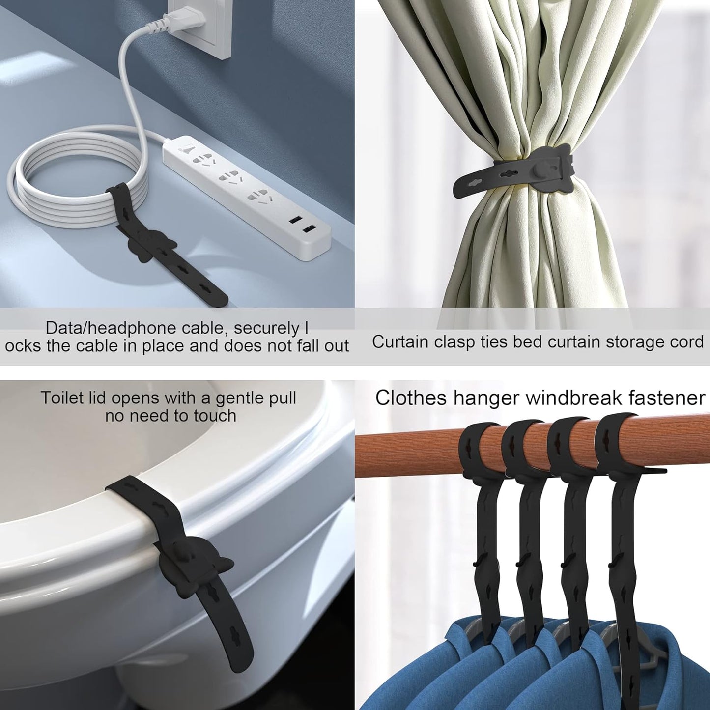 Nearockle 12Pcs Reusable Cable Ties, 10x0.6inch Elastic Silicone Cord Organizer Straps for Bundling and Organizing Cable Wires, Extendable Cable Management in Home, Kitchen, Closet, Office(Black)