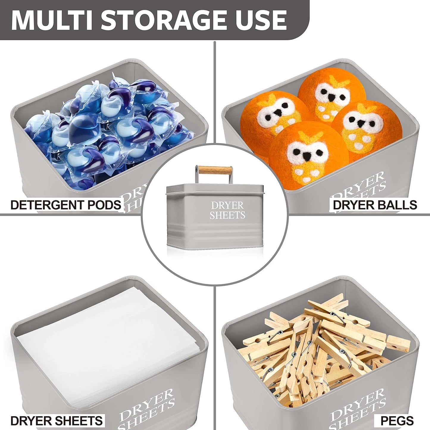 Calindiana Modern Farmhouse Metal Laundry Dryer Sheets Holder Fabric Softener Dispenser with Lid for Laundry Room Decor and Accessories and Space Saving Laundry Room Organization and Storage, Grey