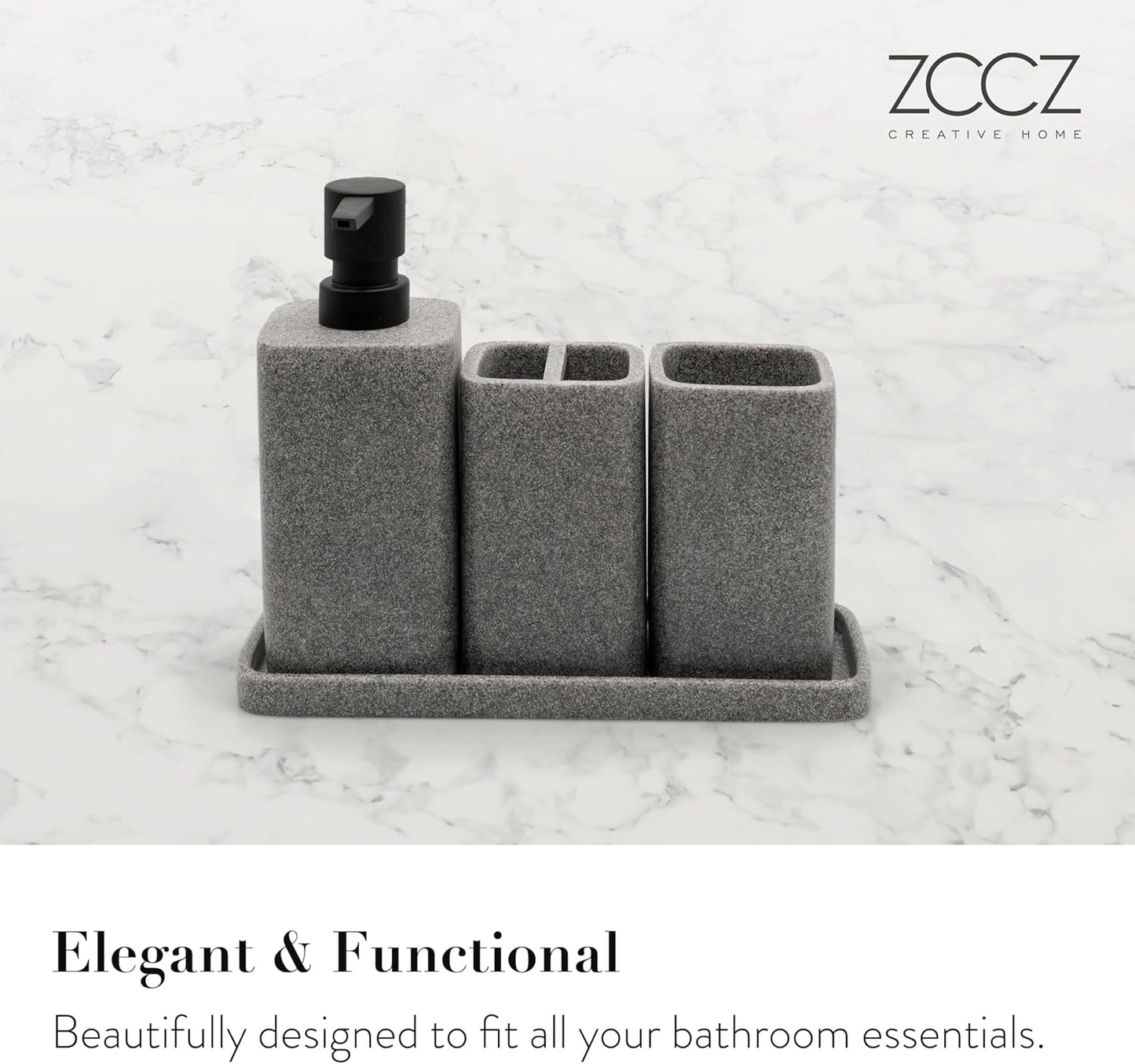 ZCCZ Grey Bathroom Accessory Sets, 4 Pieces Bathroom Accessories Complete Set Vanity Countertop Accessory Set, Includes Lotion Dispenser Soap Pump, Tumbler, Toothbrush Holder and Tray