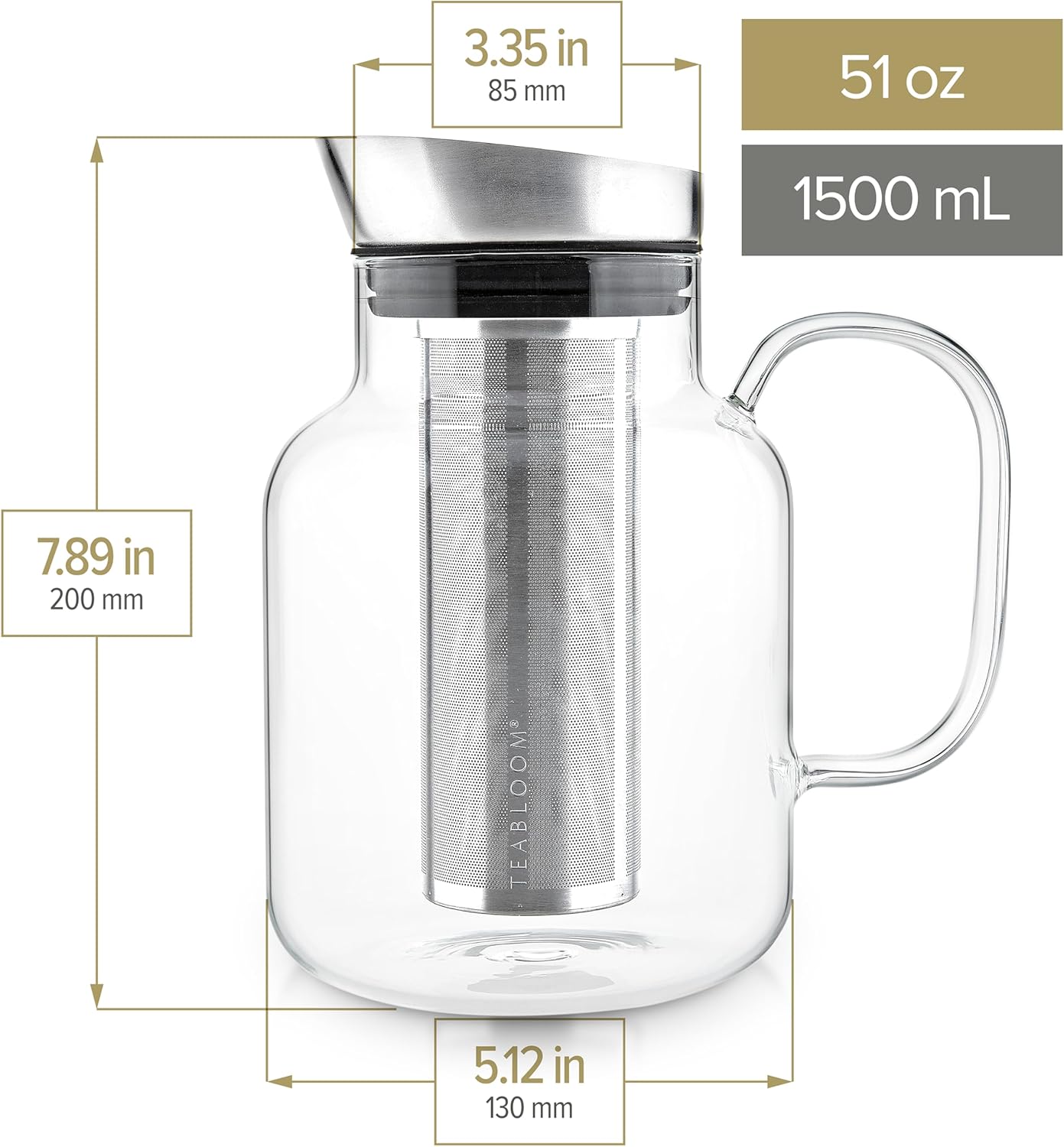 Teabloom 100% Plastic-Free Large Multi-Brew Borosilicate Glass Teapot + Kettle + Pitcher – Steep and Serve Hot Tea, Iced Tea, Cold Brew Tea and Fruit Infused Water – Legacy Tea Maker