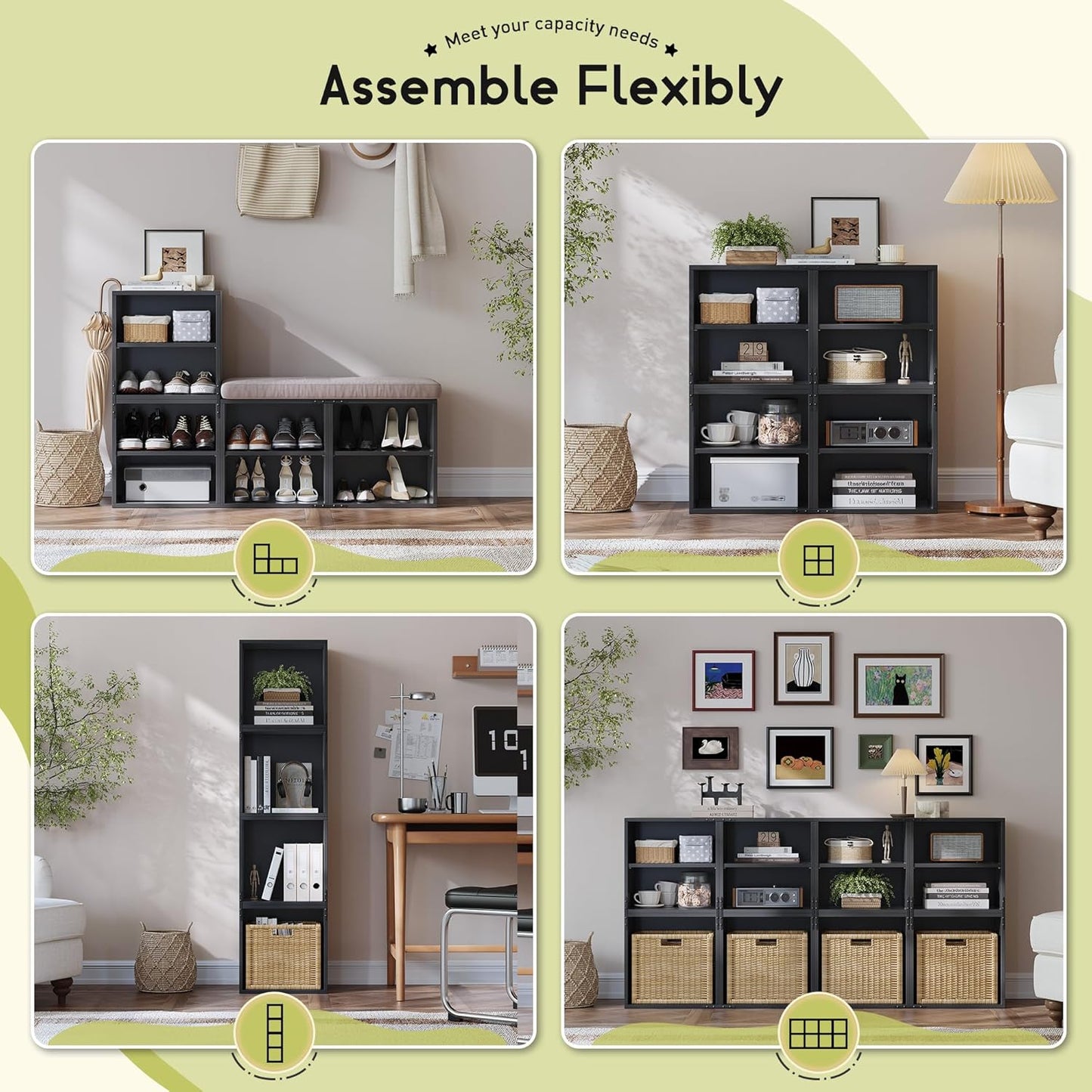 2-Tier Stackable Cube Storage Organizer, DIY Bookcase with 2 Removable Open Shelves & Anti-Tip Design, Cube Book Shelf for Bedroom, Office, Dorm,15" W x 11.81" D x 30" H, Black