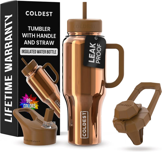 Coldest Tumbler with Handle and Straw - 100% Spill Proof Tumbler with Straw (3 Lids) - Stainless Steel Insulated Leakproof Tumblers for Women & Men - 36 oz (Gold Reflections)