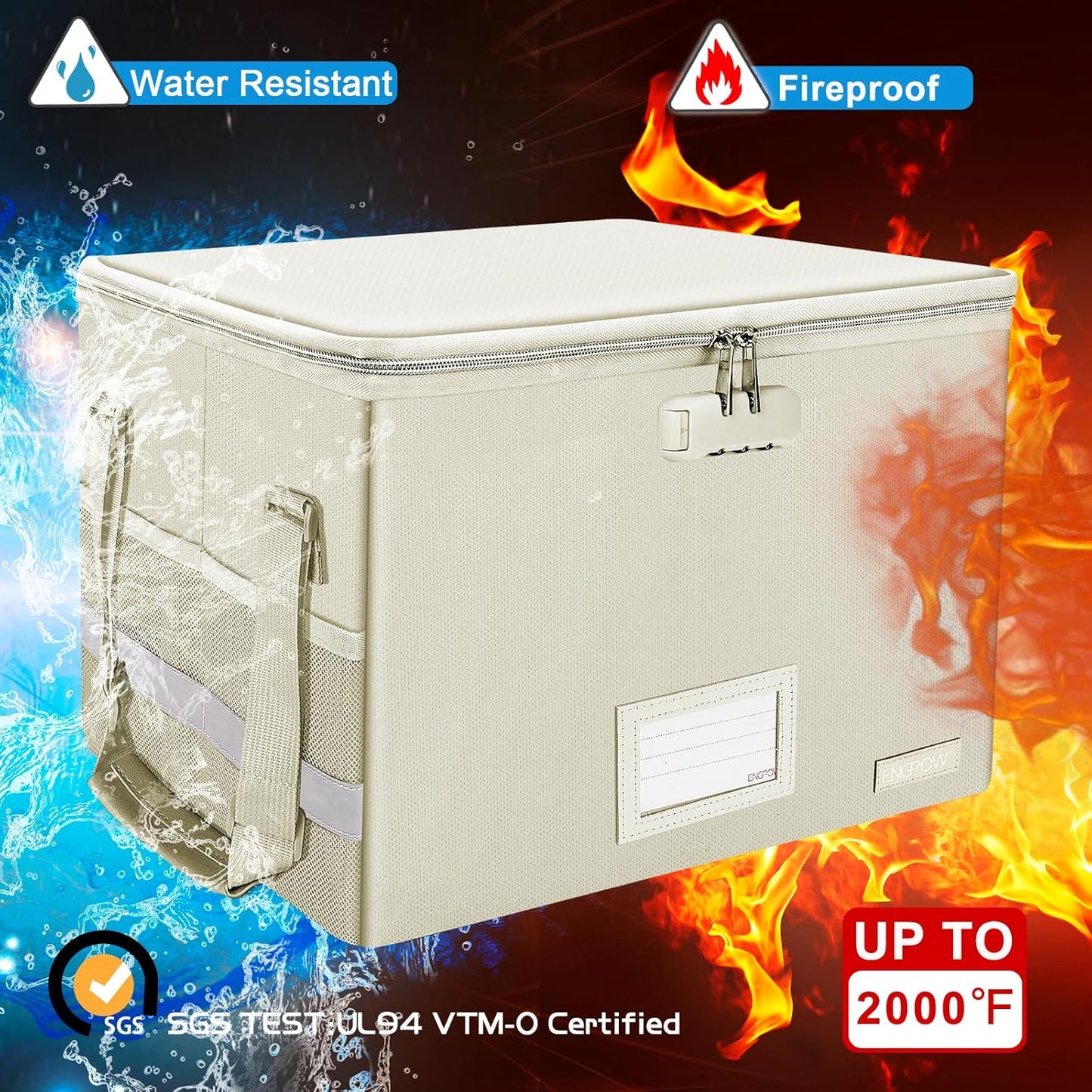 ENGPOW File Box with Lock, Fireproof Document Box with Zipper Lid, Collapsible File Storage Organizer Filing Cabinet with Handles, Portable Home Office Safe for Hanging Letter/Legal Folders, Beige