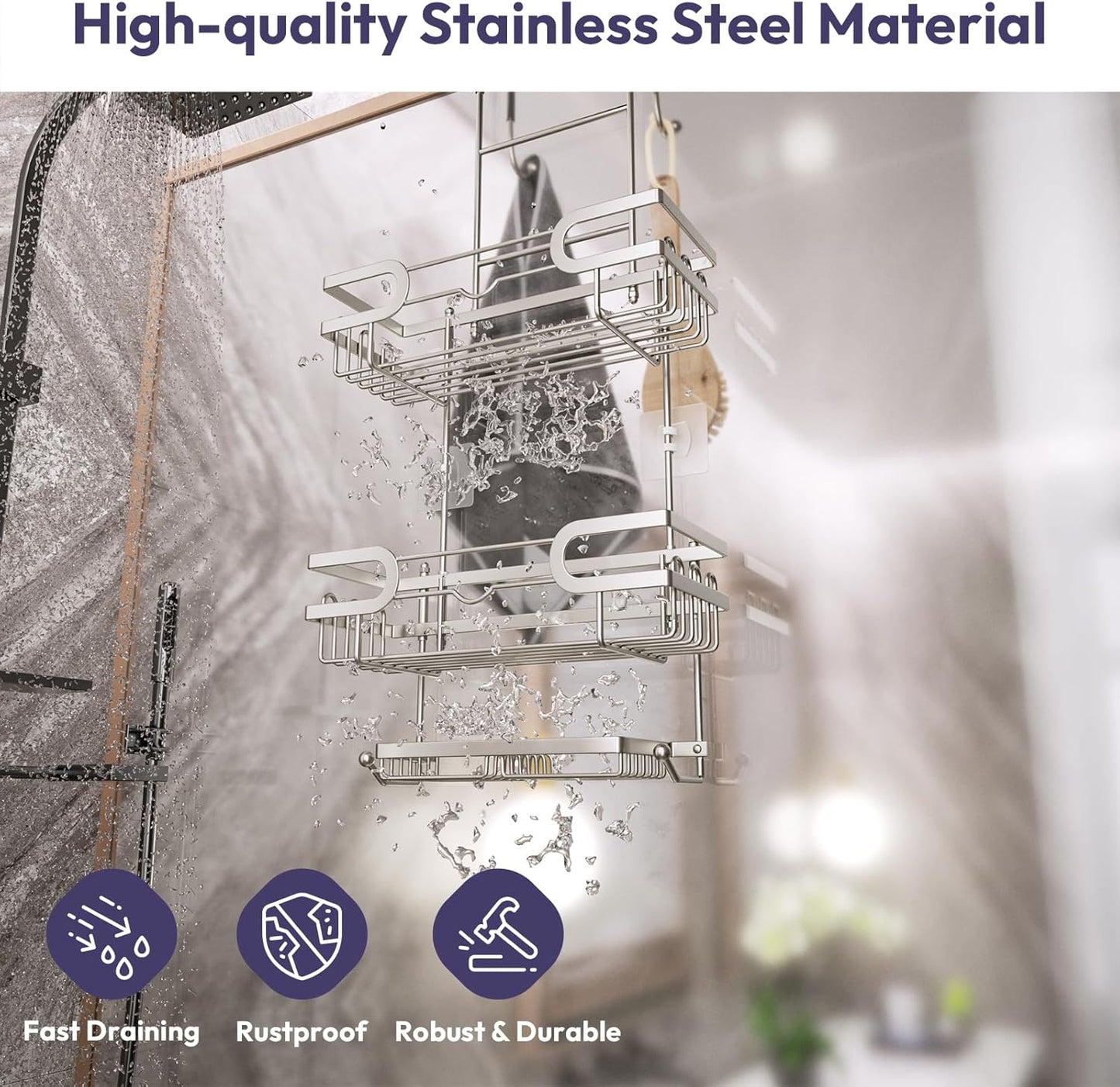 SWTYMIKI Over The Door Shower Caddy - Stainless Steel Hanging Shower Organizer With Soap Holder & 16 Hooks No Drilling Hanging Caddy Over Door To Organize Bathroom Essentials, Sand Nickel