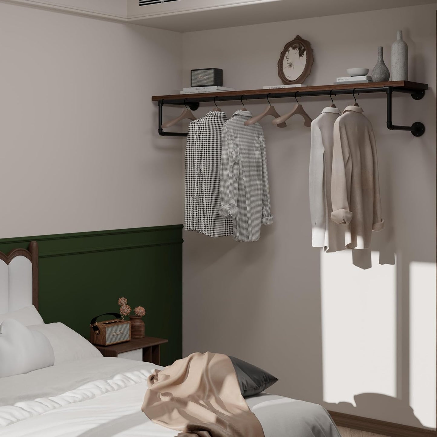 Clothes Rack 60in, Wall Mounted Garment Racks with Real Walnut Wood Shelf, Heavy Duty Hanging Clothes Rack, Multi-Purpose Hanging Rod, Space-Saving Closet Storage