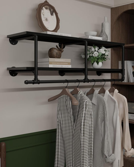 Wall Mounted Clothes Rack 12 Inch Deep, 48 Inch Heavy Duty Garment Rack with Real Black Wood Shelf, Multi-Purpose Hanging Rod & Space-Saving Closet Storage Organizer
