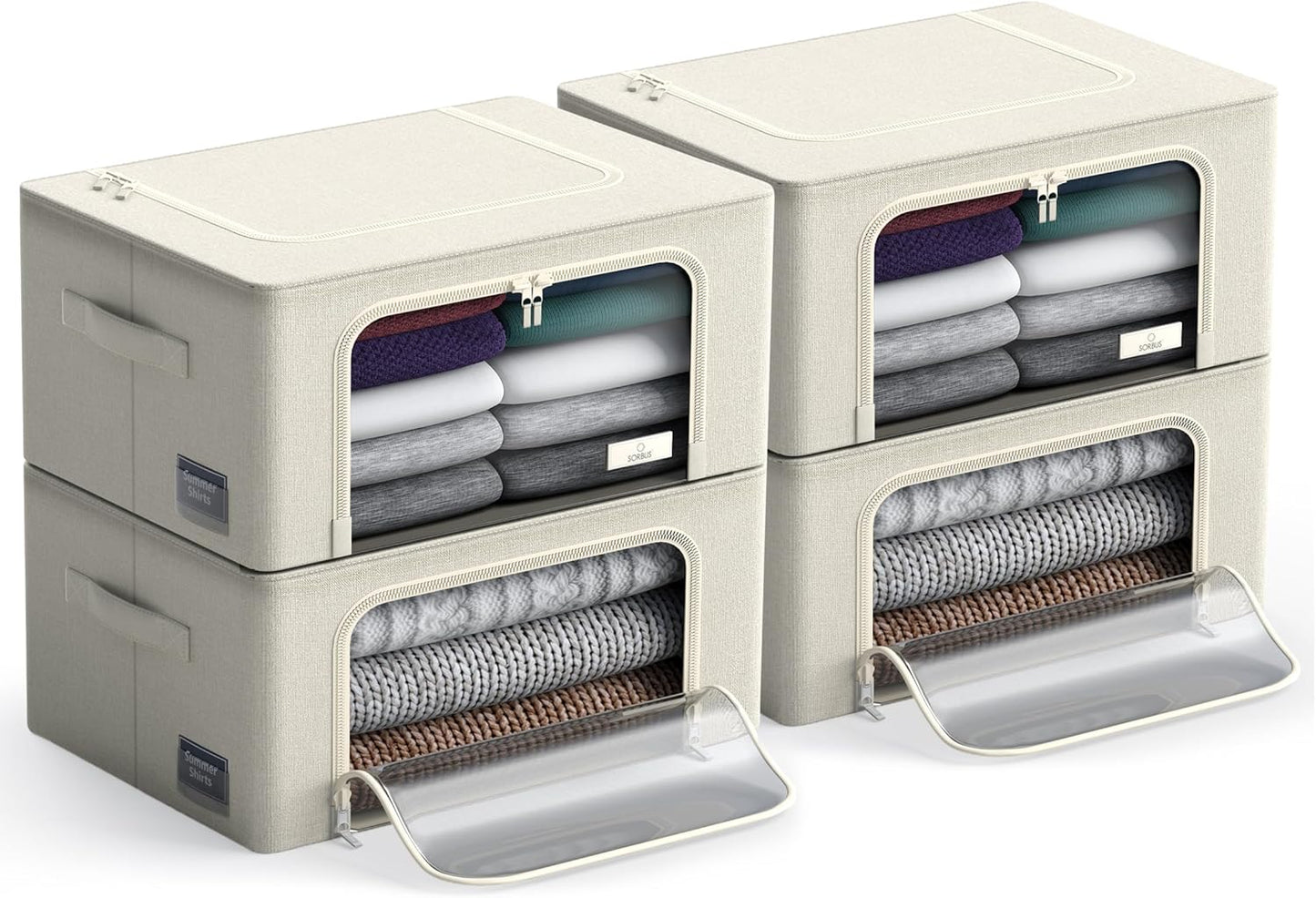 Sorbus Storage Bins with Metal Frame - Stackable & Foldable Clothes Organizer Bags - Oxford Fabric Storage Containers with Large Clear Window & Carry Handles, Bedroom Organization for Bedding & Linen