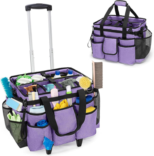 LoDrid Rolling Cleaning Bag with Detachable Trolley, Professional Cleaning Caddy with Shoulder Strap for Housekeepers, Portable Cart on Wheels for Supplies, Purple (Patent Design)