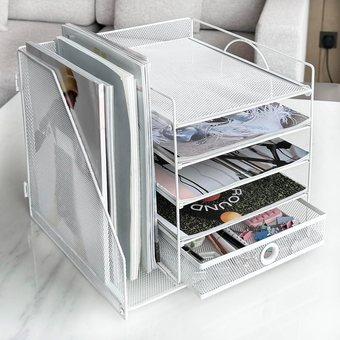 5-Tier Paper Letter Organizer with File Holder, Desk Organizer with Drawer, Mesh Desktop Storage with Magazine Holder for Office Supplies (White)