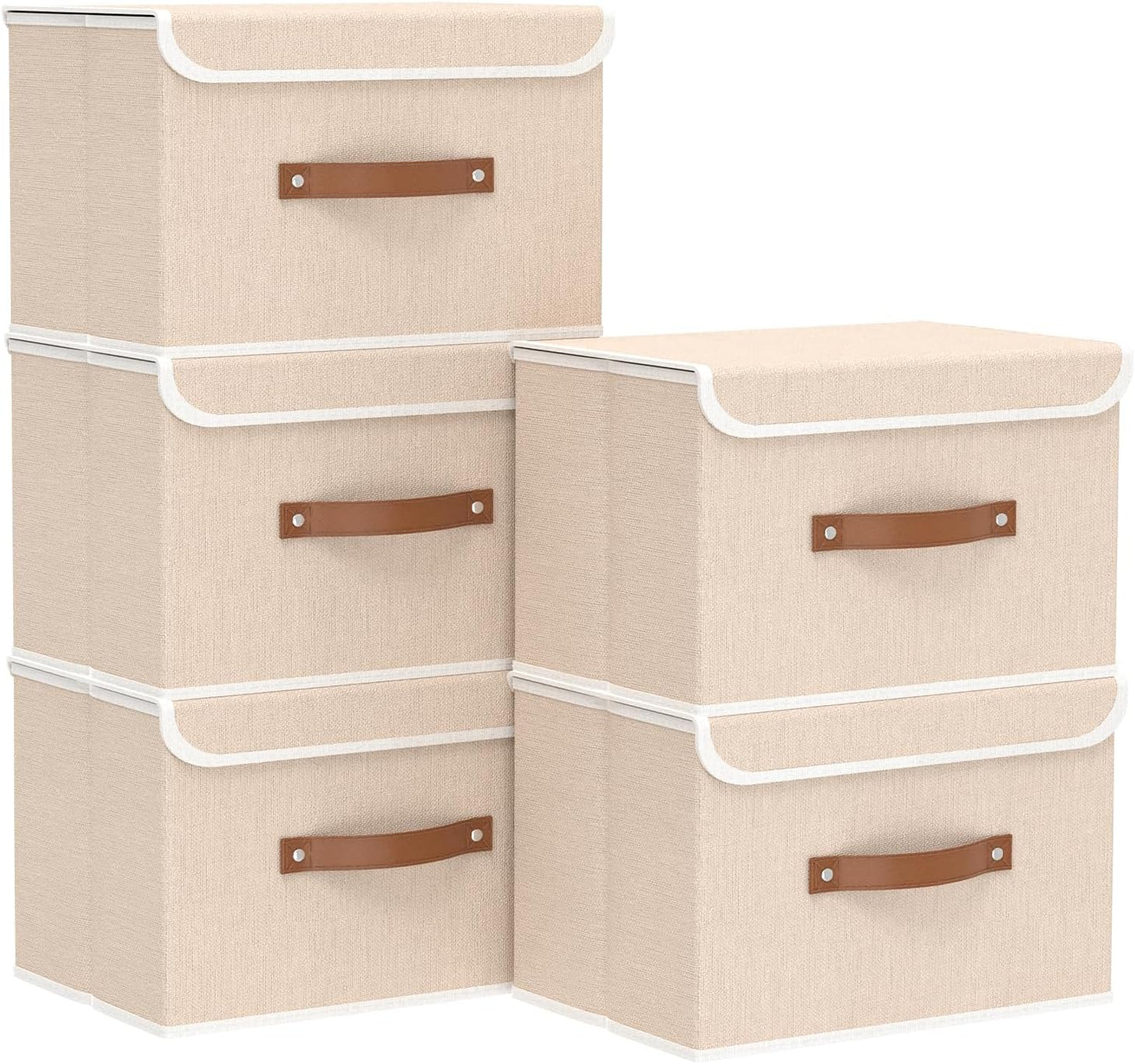 Yawinhe Collapsible Storage Boxes, Linen Fabric Baskets, Bin with lid and Leather Handle, Washable, for Home, Closet, Beige, 15.0''Lx9.8''Wx9.8''H, 5-Pack, USNK024BEL-5