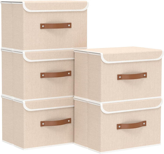 Yawinhe Collapsible Storage Boxes, Linen Fabric Baskets, Bin with lid and Leather Handle, Washable, for Home, Closet, Beige, 15.0''Lx9.8''Wx9.8''H, 5-Pack, USNK024BEL-5