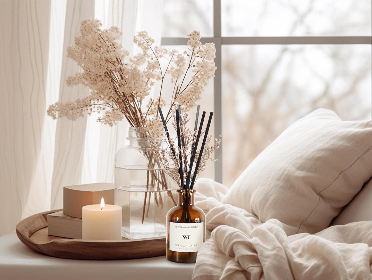 WEALD TRIBE Flower Reed Diffuser Set Vanilla Cinnamon Scent for Bathroom Air Fresheners | 4.0 fl oz Essential Oils with Sticks Home Fragrance Defusers | House Bedroom Office Shelf Decor & Gift