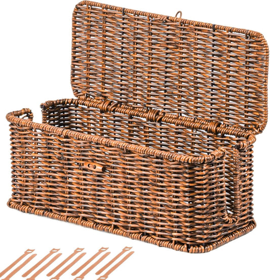 BROWNLILY Cable Management Box, Rattan Style Cord Organizer for Desk Cord Hider Outlet Covers Baby Proofing for Power Strip TV PC Router Charger Under Desk Storage with Lockable Lid and Cable Ties
