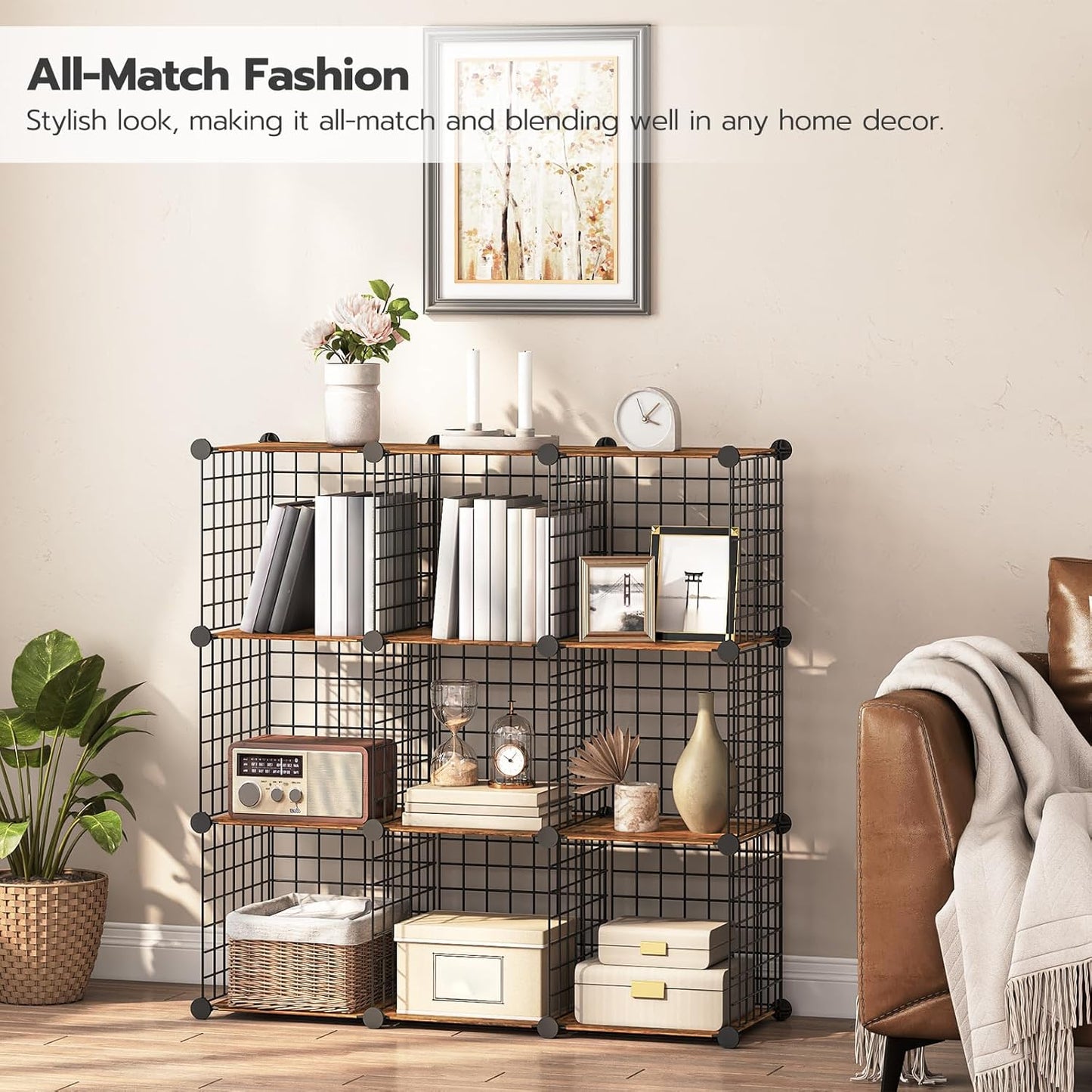 HOOBRO Cube Storage Organizer, Wire Cube Storage, 9-Cube Metal Grid Storage Shelf, Modular Cabinet, DIY Cube Storage Organizer, for Living Room, Bedroom, Study, Rustic Brown and Black BF09CW01