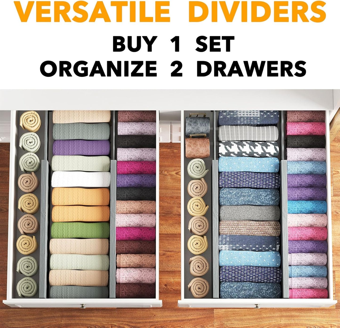 SpaceAid Bamboo 4 Pack Dresser Drawer Dividers, 4.65“ High Adjustable 17“-22” Drawer Organizers, Expandable Organization for Clothing, Clothes, Dressers, Gray