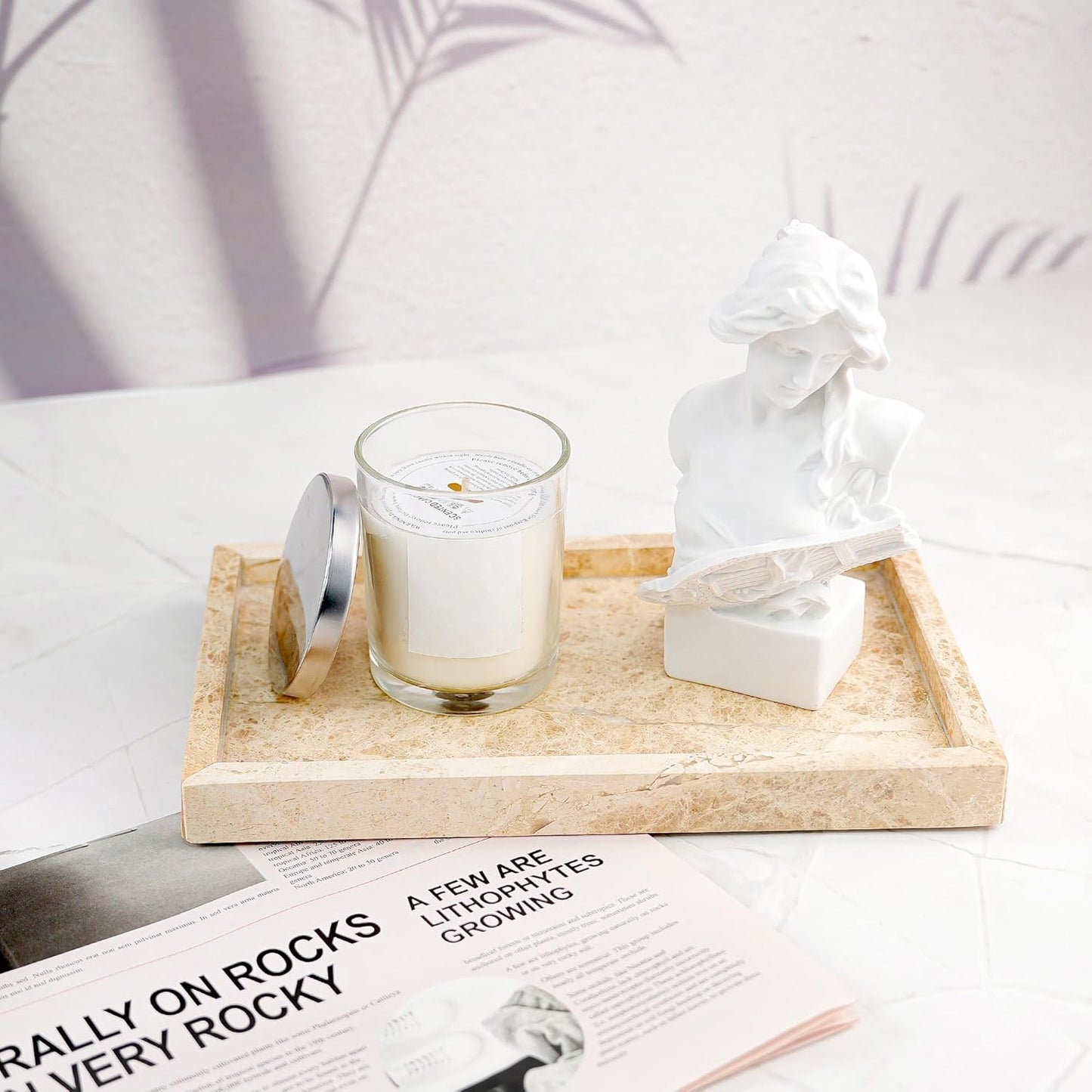 WORHE Italy Natural Marble Vanity Tray for Jewelry, Perfume, Makeup, Candle, Modern Decorative Trays for Bathroom Bedroom Dresser Rectangle Kitchen Storage Organizer for Home Decor Light Brown (WH038)