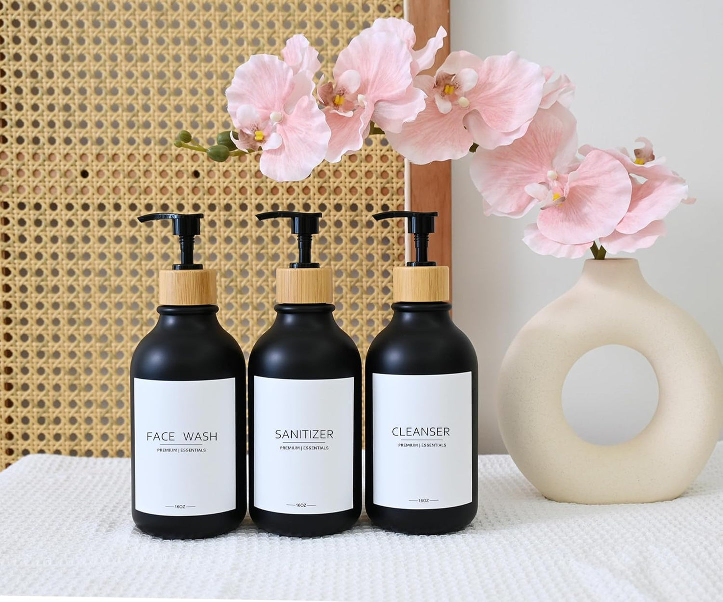 Frosted Plastic Shampoo and Conditioner Bottles, Apothecary Dispenser Bamboo Pump, Refillable Bottles for Shower Lotion, Oil, Hand Soap, Sanitizer, Liquid Soap, Set of 3 with 9 Labels (6, Matte Black)